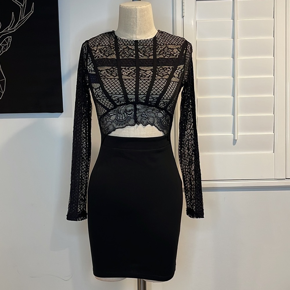 fashion nova black long sleeve cocktail dress, black mini dress w/cutout, Small